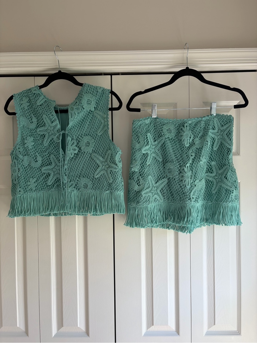 Saylor Samia Fringe Set Teal Crochet Size M - Picture 3 of 7